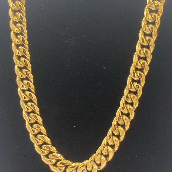 14k Yellow Gold Plated Stainless Steel Cuban Link Chain Necklace 10-12mm 18" 20" - Picture 2 of 4